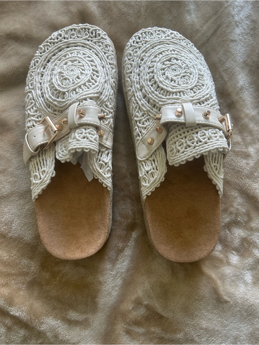 Crochet Slide Mules with Adjustable Buckle in Cream